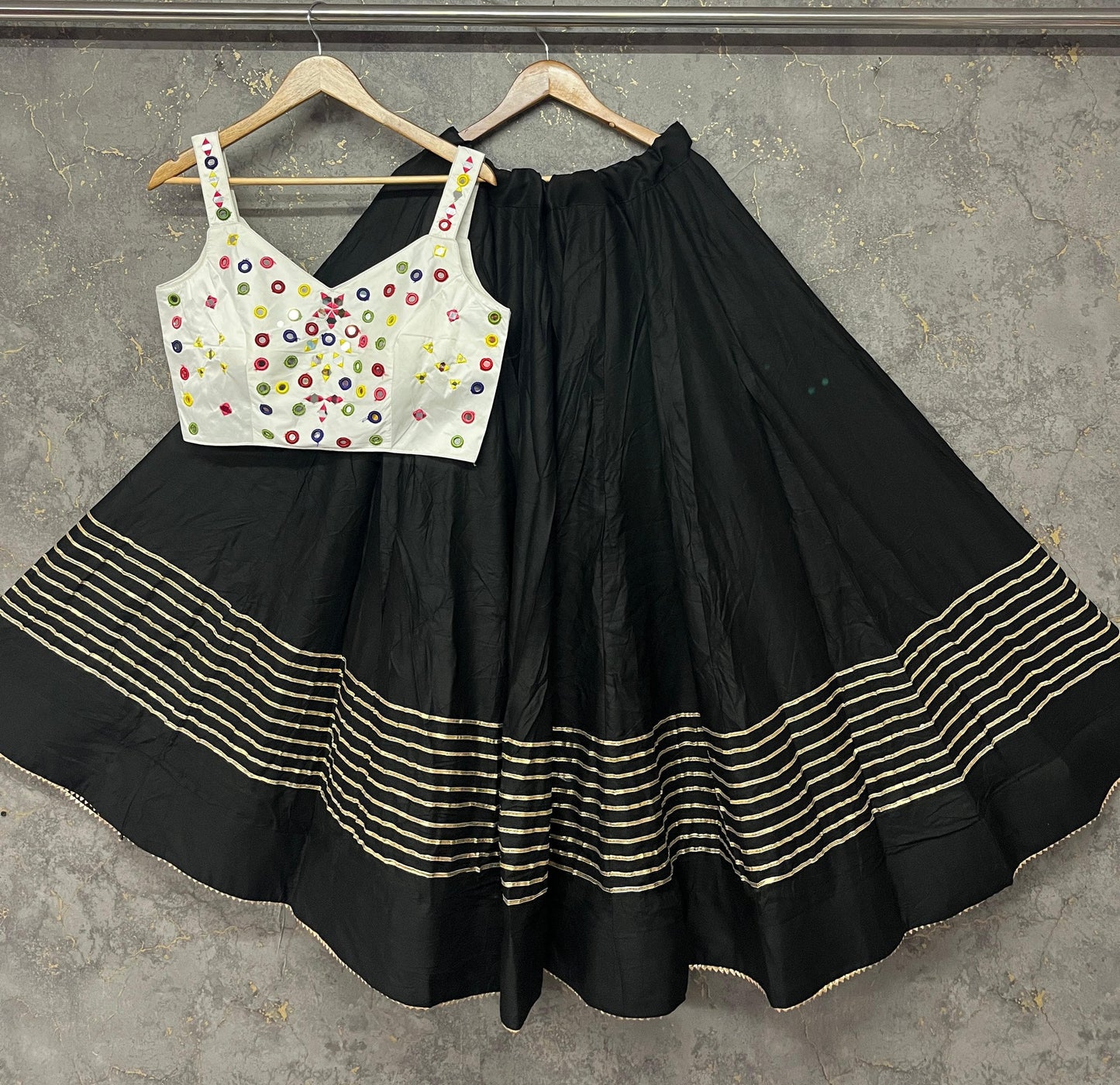 Black Pure Reyon Cotton Manual Mirror Work Fully Stiched Navratri Lehenga Choli