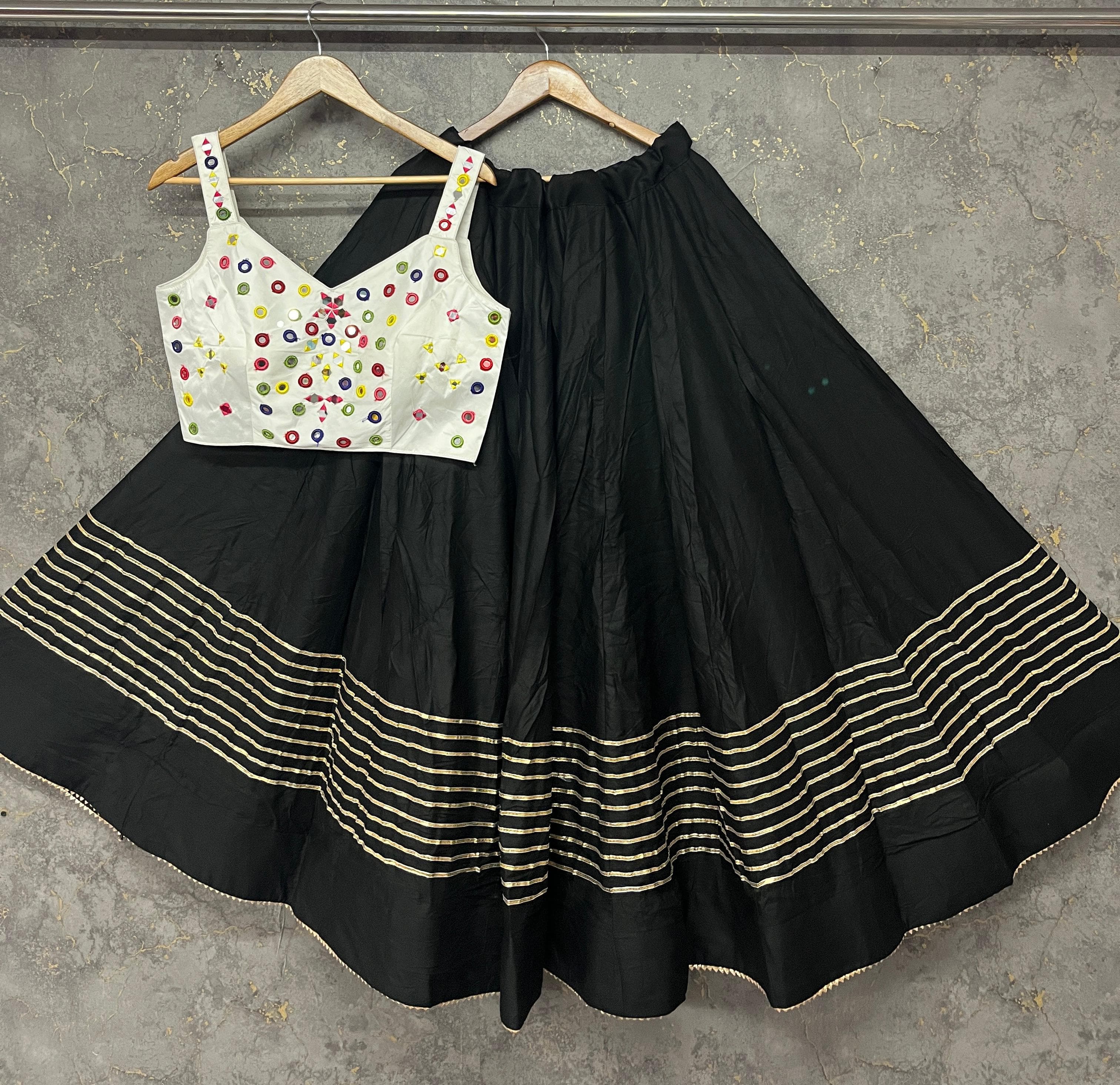 Black Pure Reyon Cotton Manual Mirror Work Fully Stiched Navratri Lehenga Choli