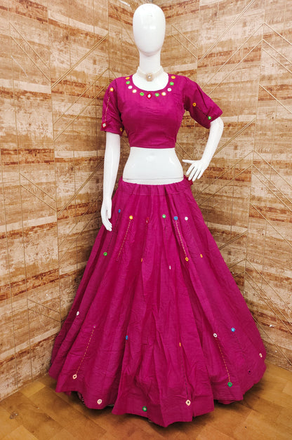 Pink Kora Cotton Real Mirror Work Real Mirror Work Fully Stiched Navratri Lehenga Choli