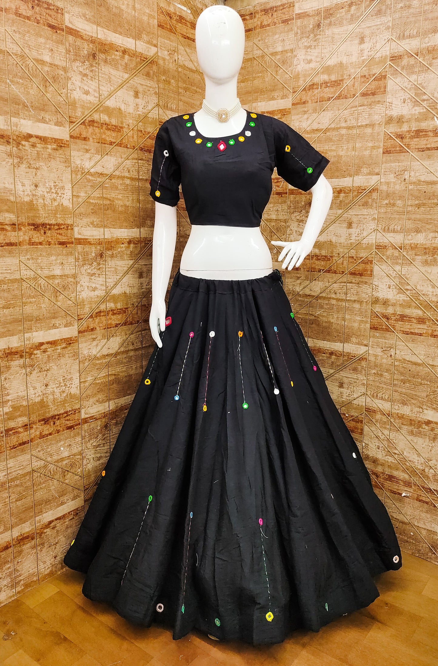 Black Kora Cotton Real Mirror Work Real Mirror Work Fully Stiched Navratri Lehenga Choli