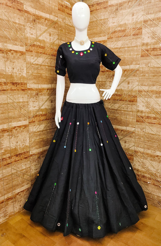 Black Kora Cotton Real Mirror Work Real Mirror Work Fully Stiched Navratri Lehenga Choli