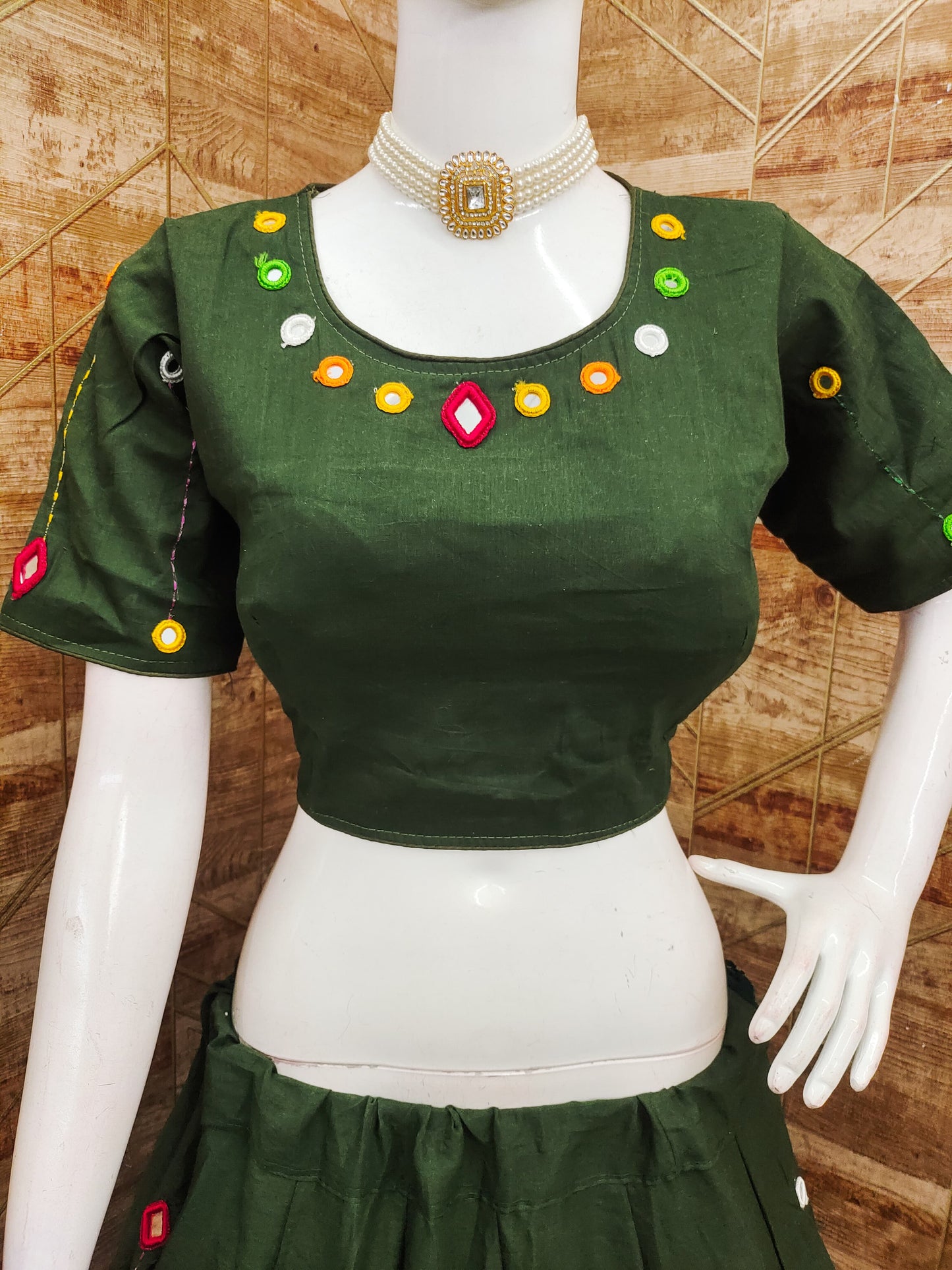 Green Kora Cotton Real Mirror Work Real Mirror Work Fully Stiched Navratri Lehenga Choli