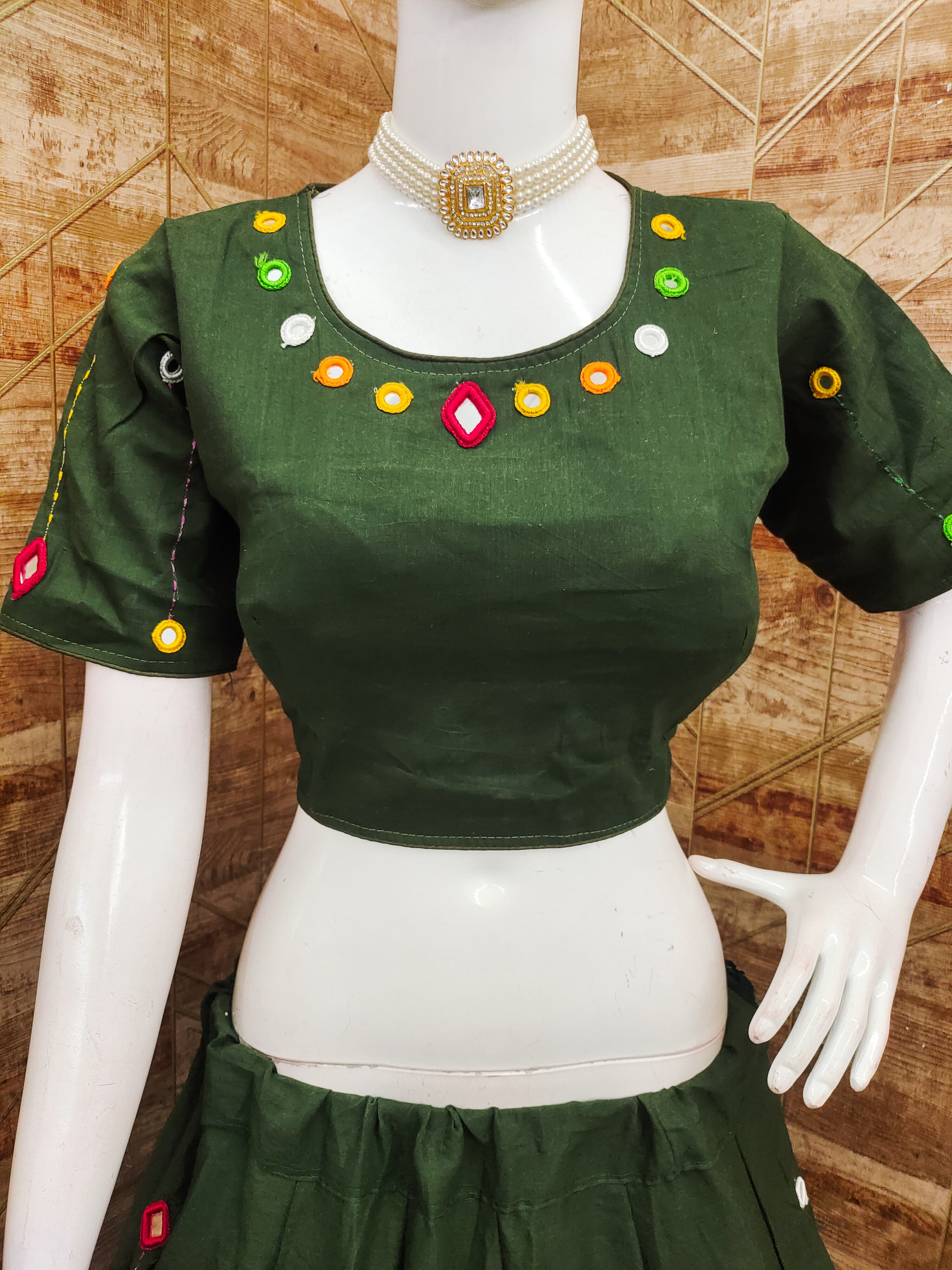 Green Kora Cotton Real Mirror Work Real Mirror Work Fully Stiched Navratri Lehenga Choli