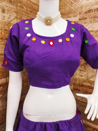 Purple Kora Cotton Real Mirror Work Real Mirror Work Fully Stiched Navratri Lehenga Choli