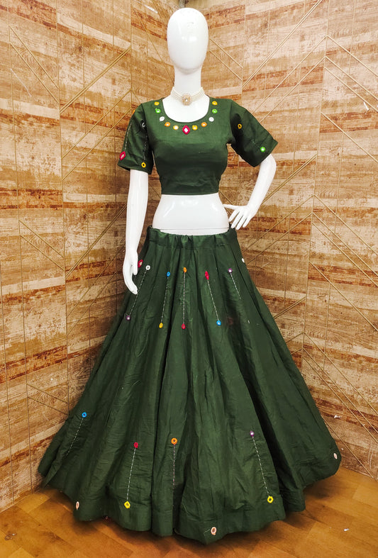 Green Kora Cotton Real Mirror Work Real Mirror Work Fully Stiched Navratri Lehenga Choli