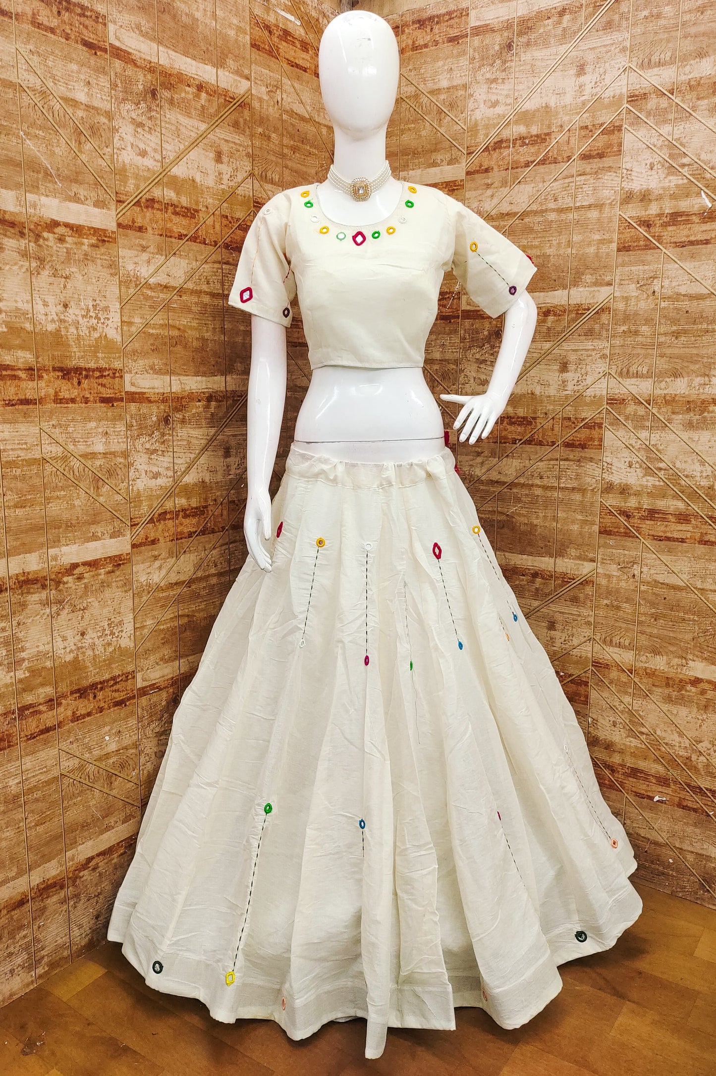 White Kora Cotton Real Mirror Work Real Mirror Work Fully Stiched Navratri Lehenga Choli