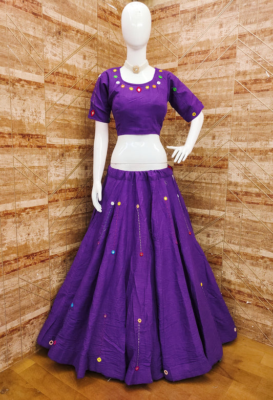 Purple Kora Cotton Real Mirror Work Real Mirror Work Fully Stiched Navratri Lehenga Choli