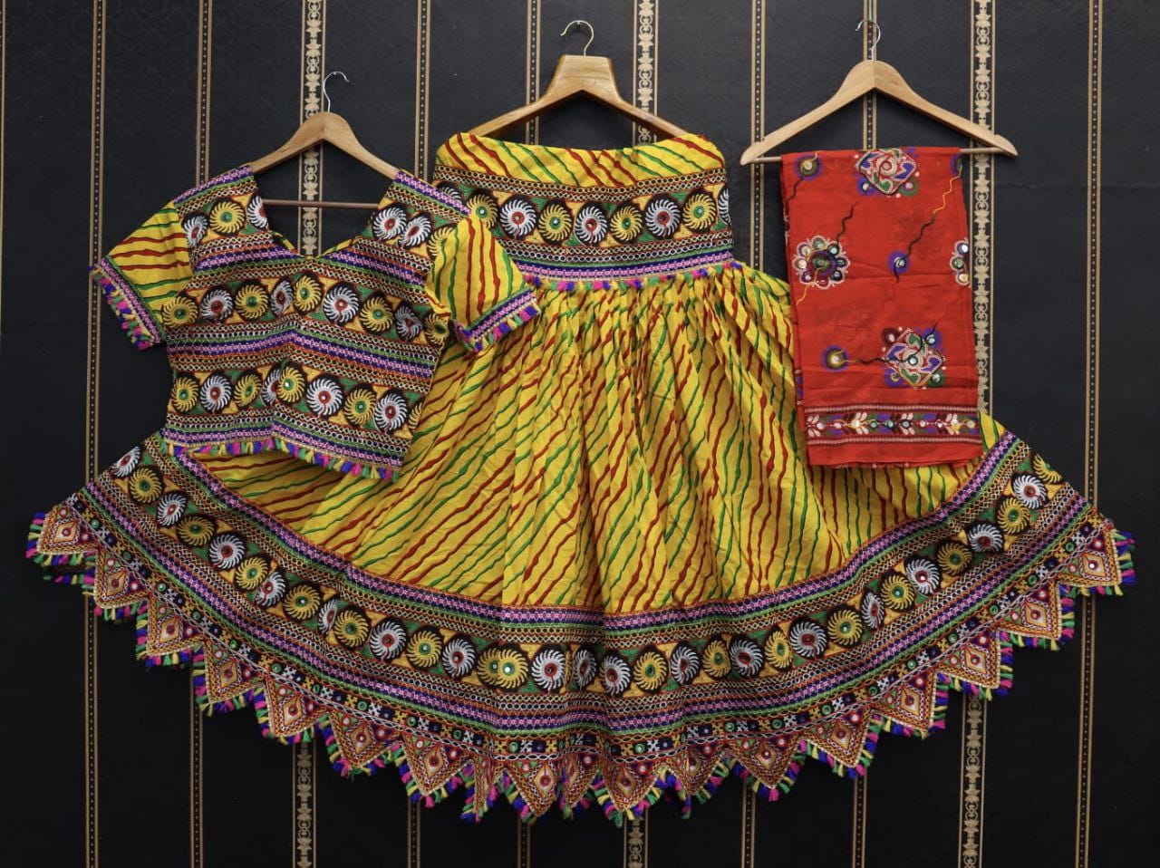 Yellow Pure Cotton Pure Cotton Lehriya Real Mirror Work Fully Stiched Navratri Lehenga Choli