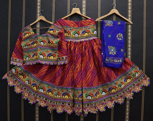 Multicolor Pure Cotton Pure Cotton Lehriya Real Mirror Work Fully Stiched Navratri Lehenga Choli
