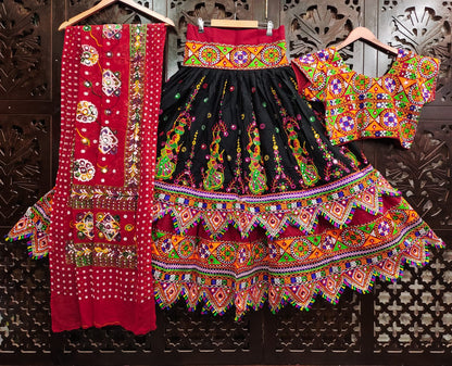Black Pure Reyon Cotton Kutchi Embroidery Work Fully Stiched Navratri Lehenga Choli