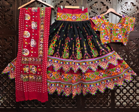 Black Pure Reyon Cotton Kutchi Embroidery Work Fully Stiched Navratri Lehenga Choli