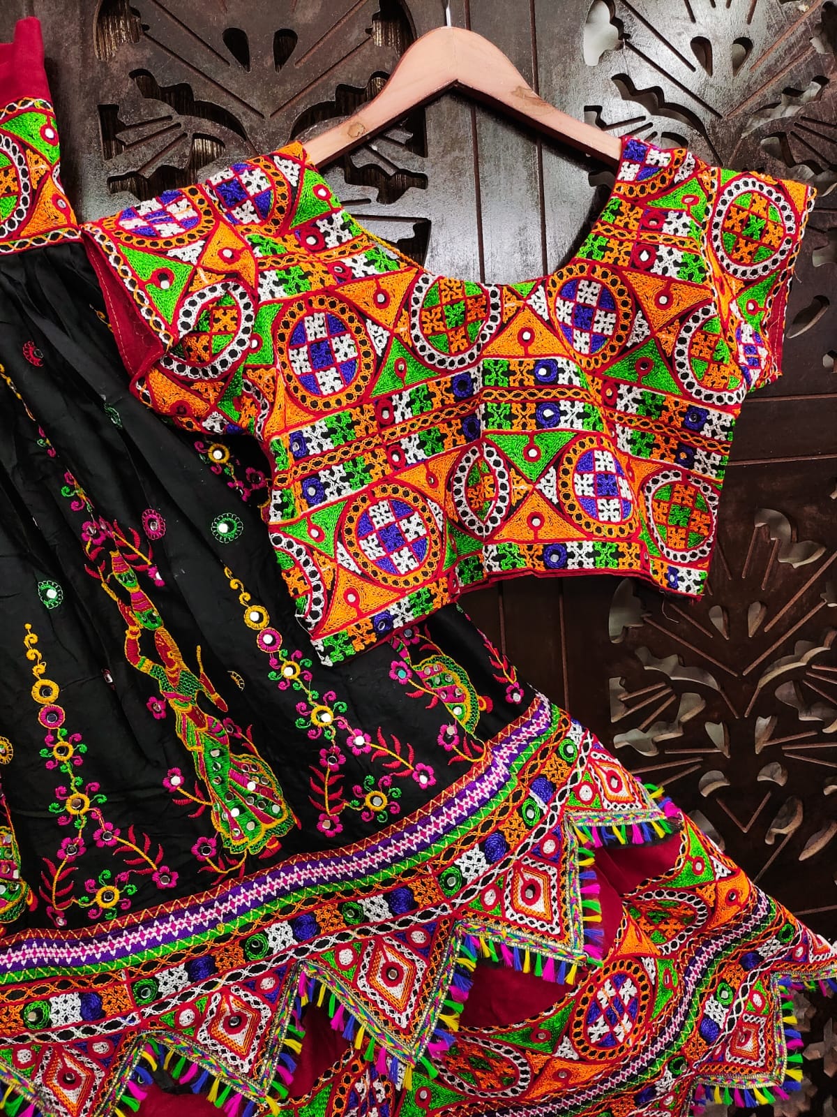 Black Pure Reyon Cotton Kutchi Embroidery Work Fully Stiched Navratri Lehenga Choli