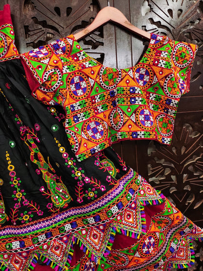 Black Pure Reyon Cotton Kutchi Embroidery Work Fully Stiched Navratri Lehenga Choli