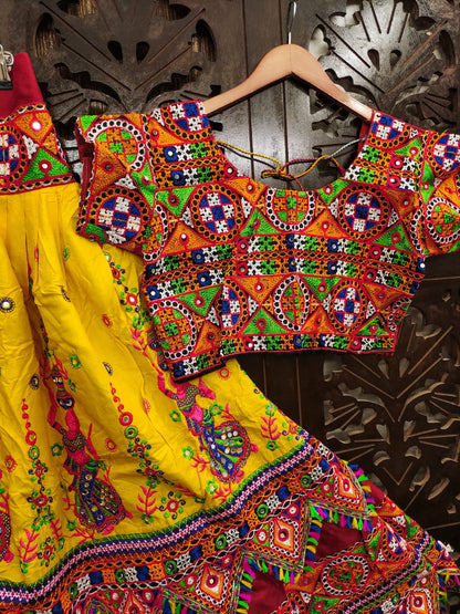Yellow Pure Reyon Cotton Kutchi Embroidery Work Fully Stiched Navratri Lehenga Choli