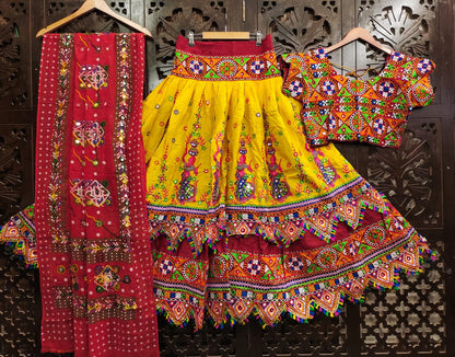 Yellow Pure Reyon Cotton Kutchi Embroidery Work Fully Stiched Navratri Lehenga Choli