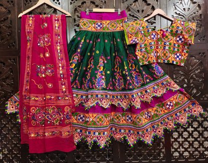 Dark Green Pure Reyon Cotton Kutchi Embroidery Work Fully Stiched Navratri Lehenga Choli
