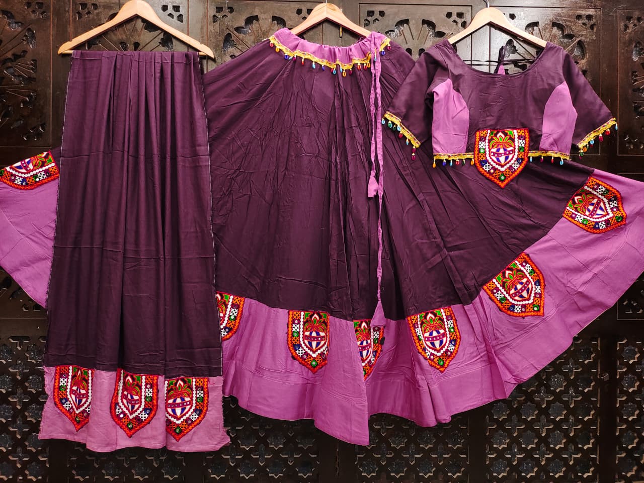 Wine Pure Reyon Silk Gamathi Patches Fully Stiched Navratri Lehenga Choli