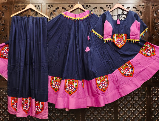 Navy Blue Pure Reyon Silk Gamathi Patches Fully Stiched Navratri Lehenga Choli