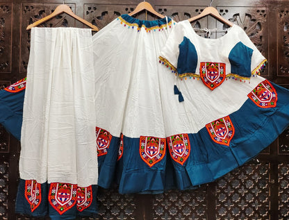White Pure Reyon Silk Gamathi Patches Fully Stiched Navratri Lehenga Choli
