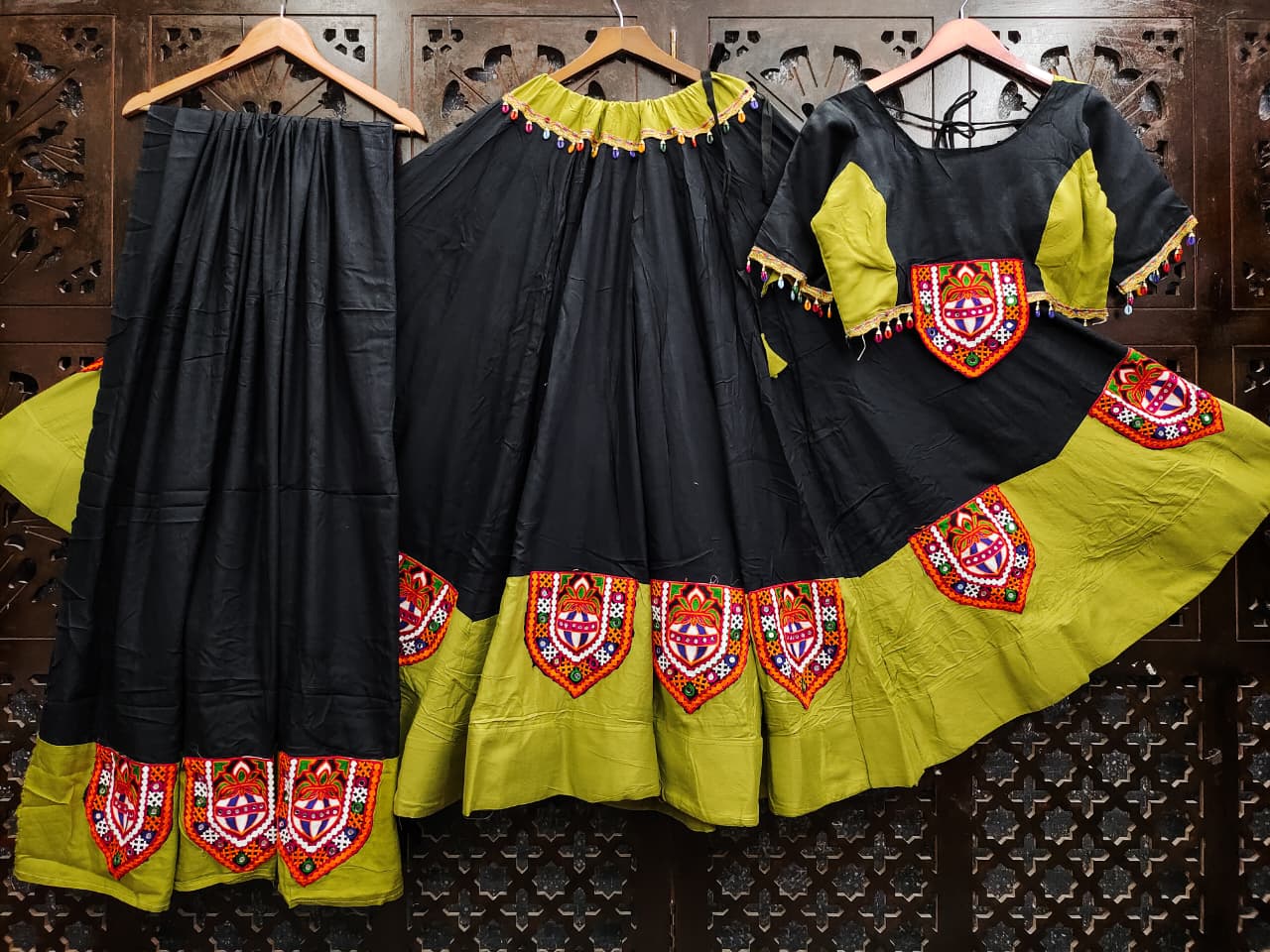 Black Pure Reyon Silk Gamathi Patches Fully Stiched Navratri Lehenga Choli