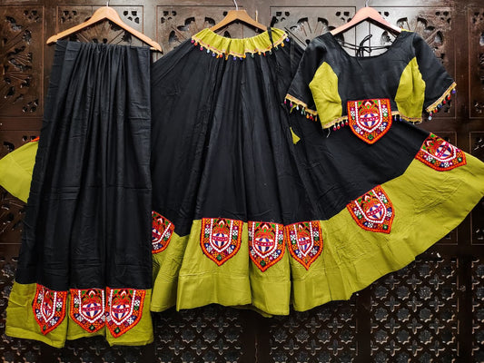 Black Pure Reyon Silk Gamathi Patches Fully Stiched Navratri Lehenga Choli