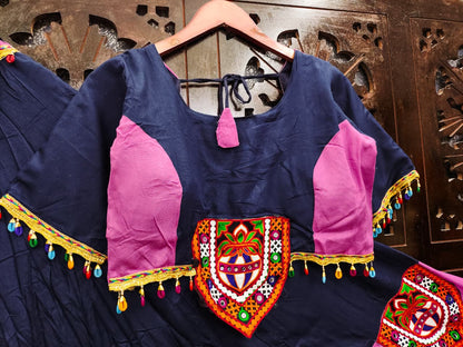 Navy Blue Pure Reyon Silk Gamathi Patches Fully Stiched Navratri Lehenga Choli