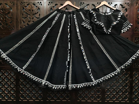 Black Pure Roman Silk Mirror Work Fully Stiched Navratri Lehenga Choli