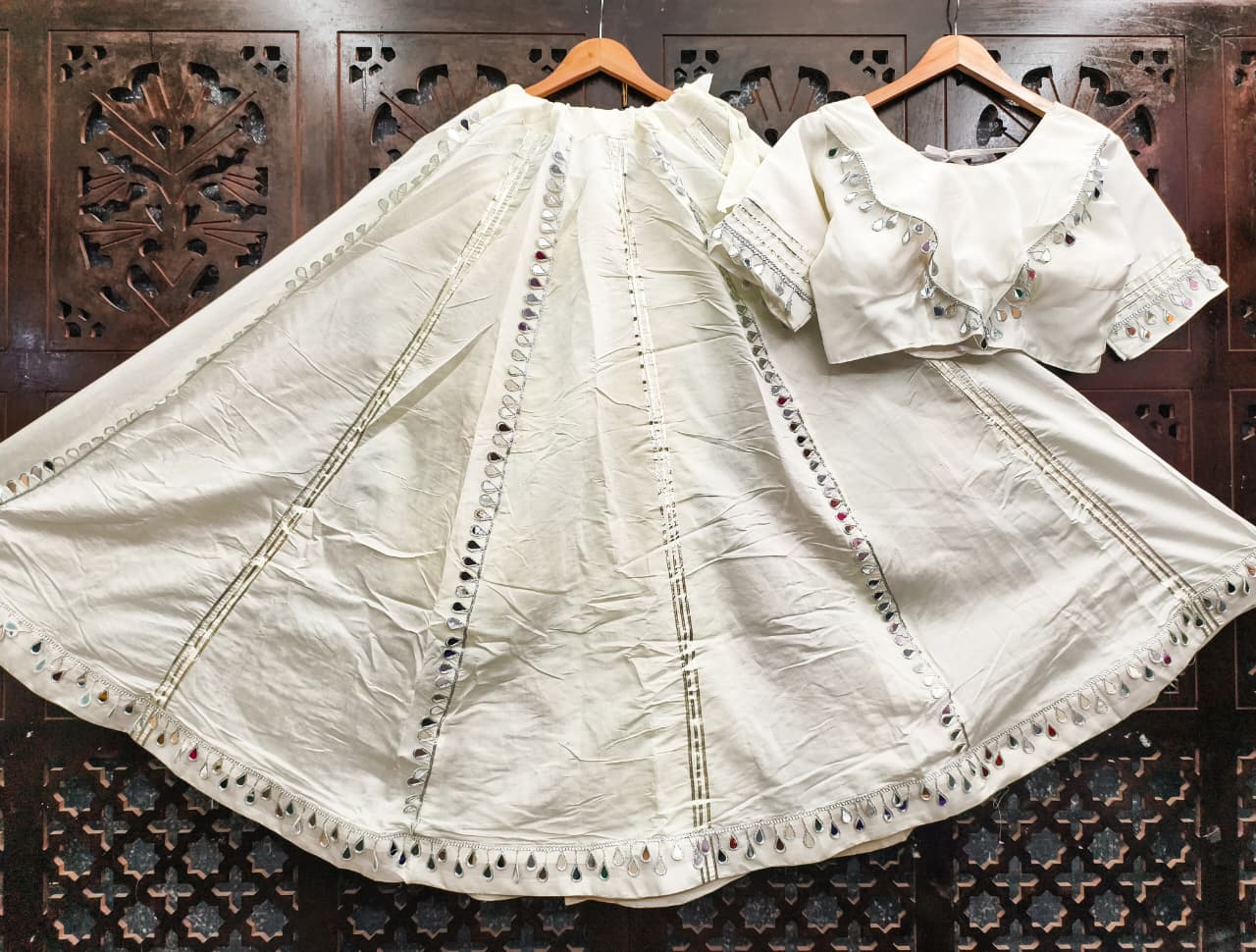 White Pure Roman Silk Mirror Work Fully Stiched Navratri Lehenga Choli