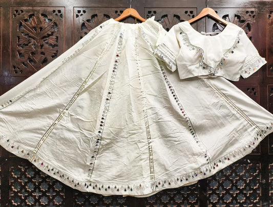 White Pure Roman Silk Mirror Work Fully Stiched Navratri Lehenga Choli