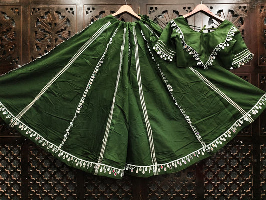 Mehandi Pure Roman Silk Mirror Work Fully Stiched Navratri Lehenga Choli