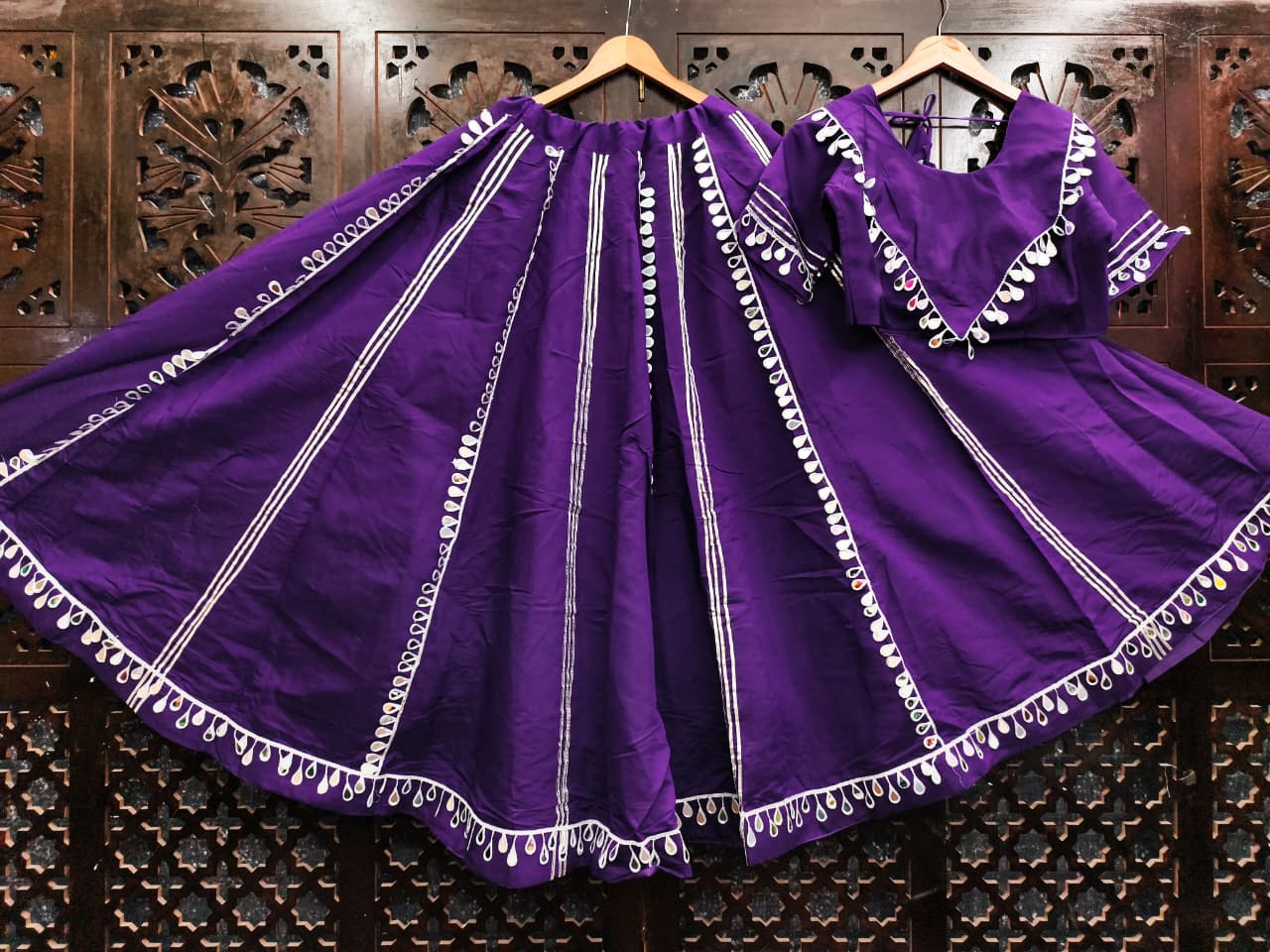 Purple Pure Roman Silk Mirror Work Fully Stiched Navratri Lehenga Choli