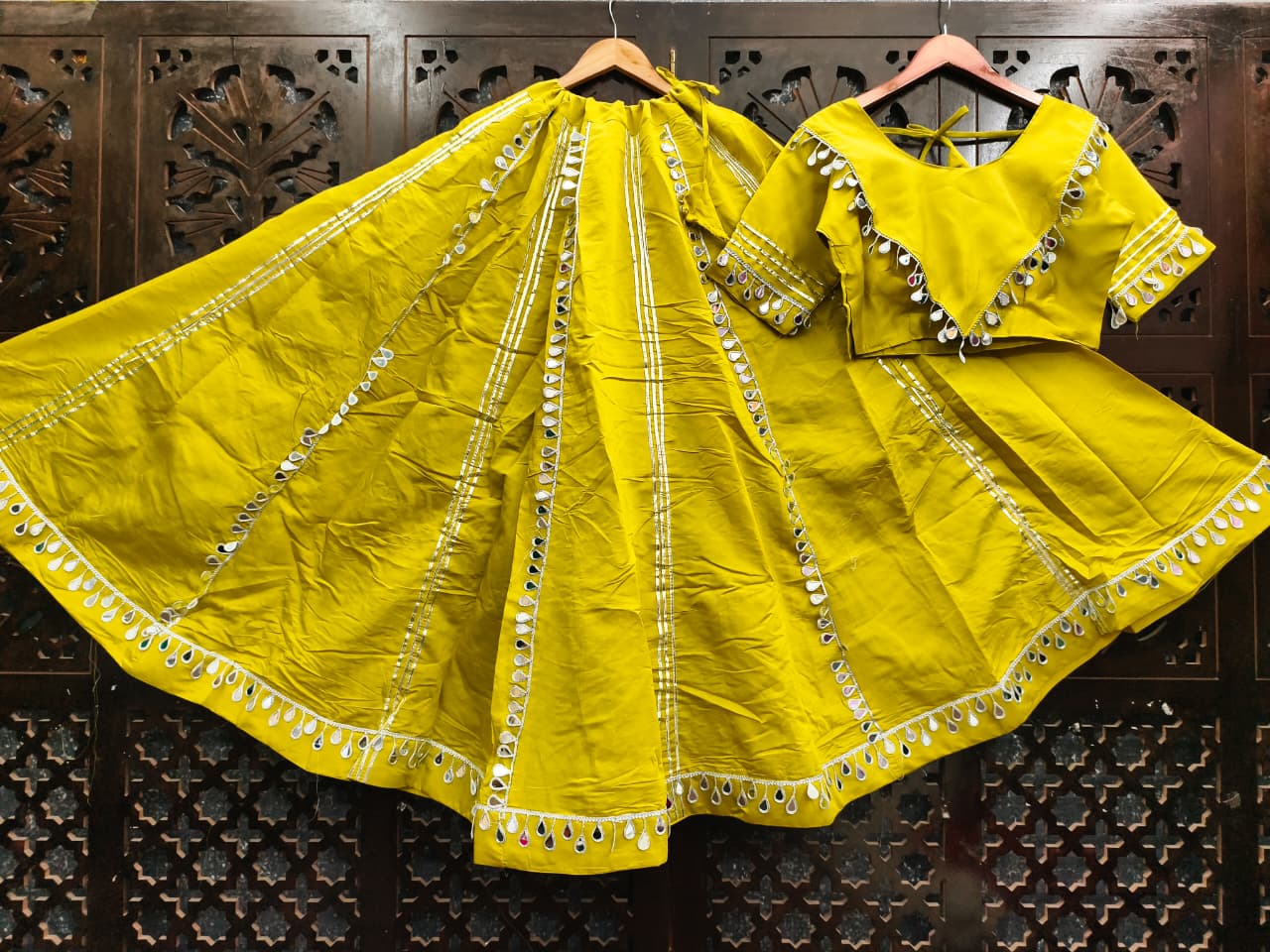 Yellow Pure Roman Silk Mirror Work Fully Stiched Navratri Lehenga Choli