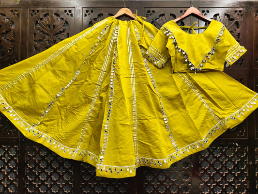 Yellow Pure Roman Silk Mirror Work Fully Stiched Navratri Lehenga Choli