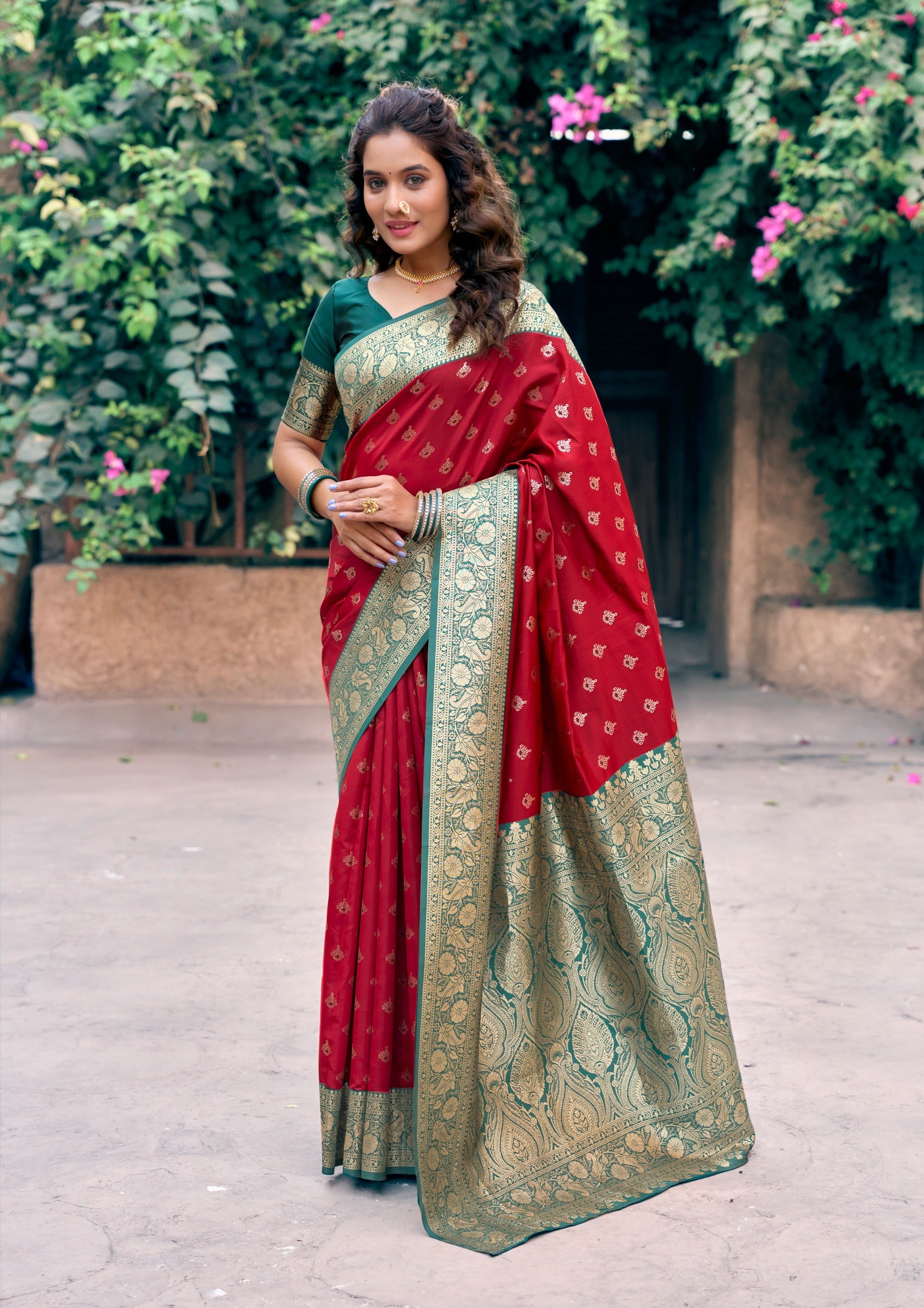Ruby Red Art Silk Saree with Ethnic Motifs & Zari Work – Designer Wedding & Festive Wear Saree