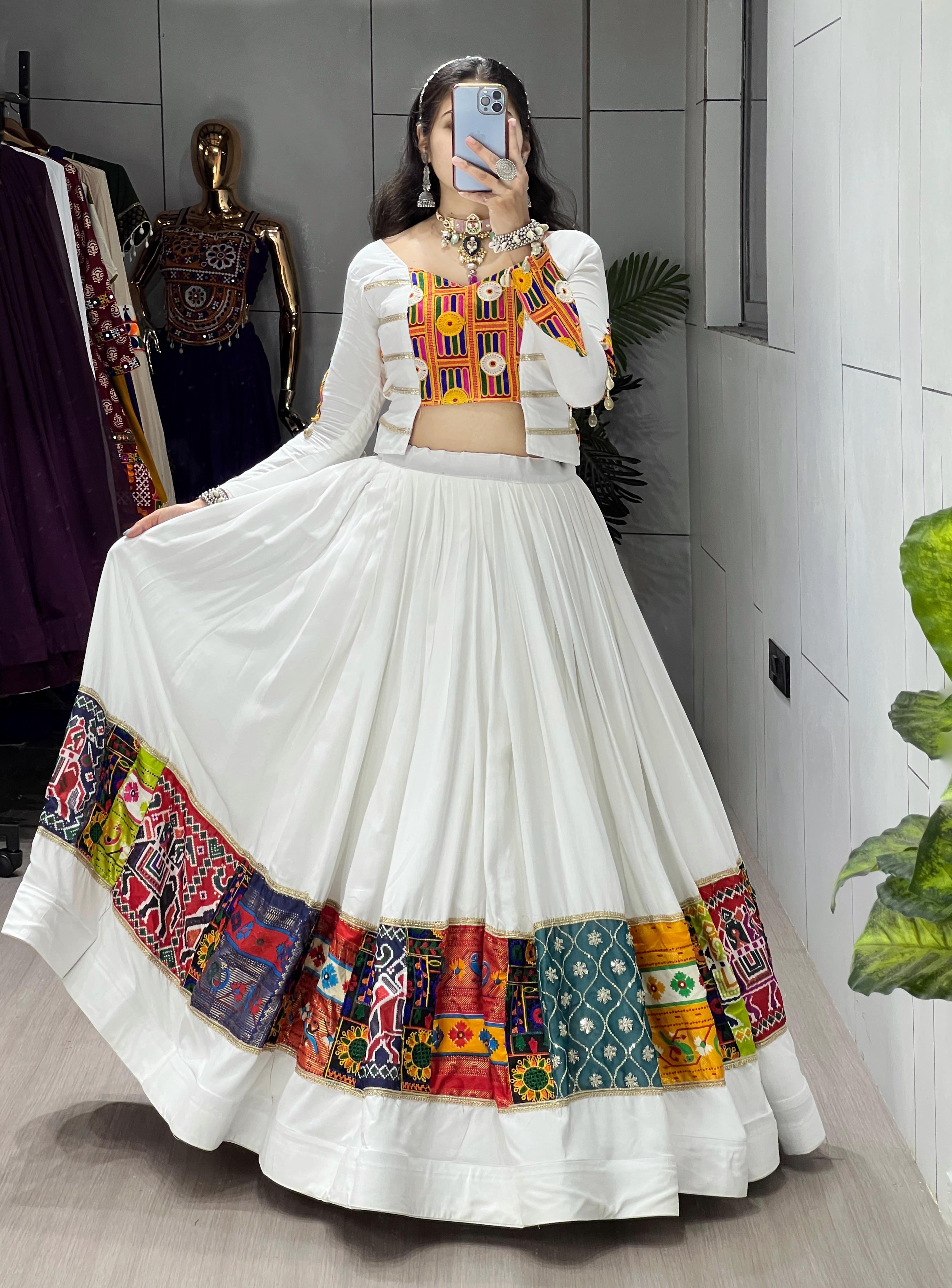White Pure Rayon Cotton Navratri Lehenga with Multi-Design Prints and Foil Box Patterns by The Beauty Queen Surat