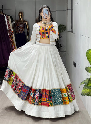 White Pure Rayon Cotton Navratri Lehenga with Multi-Design Prints and Foil Box Patterns by The Beauty Queen Surat