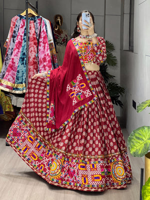 Maroon Pure Rayon Cotton Azarakh Print Navratri Lehenga with Real Mirror Work by The Beauty Queen Surat