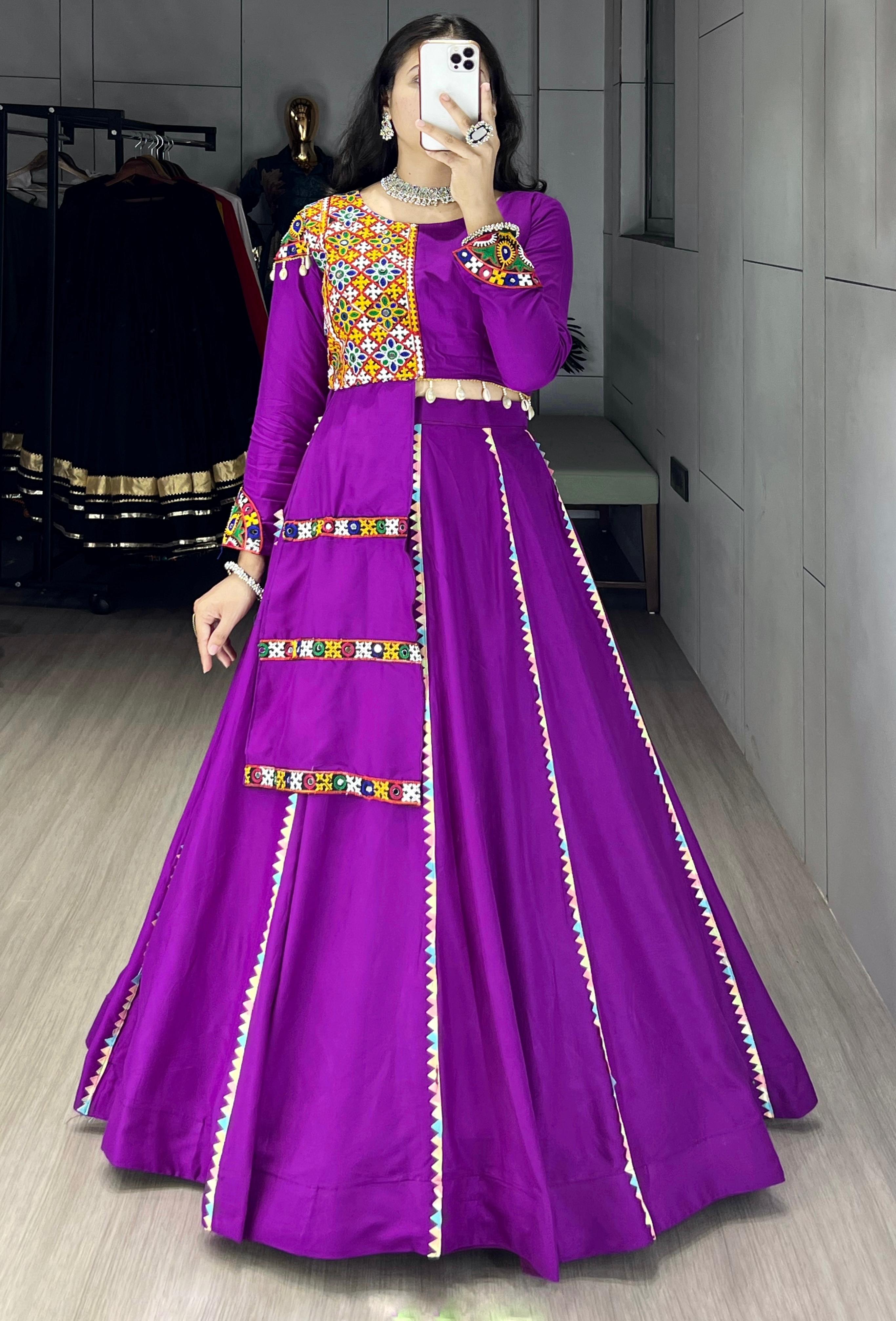Purple Pure Rayon Cotton Navratri Lehenga with Colorful Lace on Kali Work by The Beauty Queen Surat