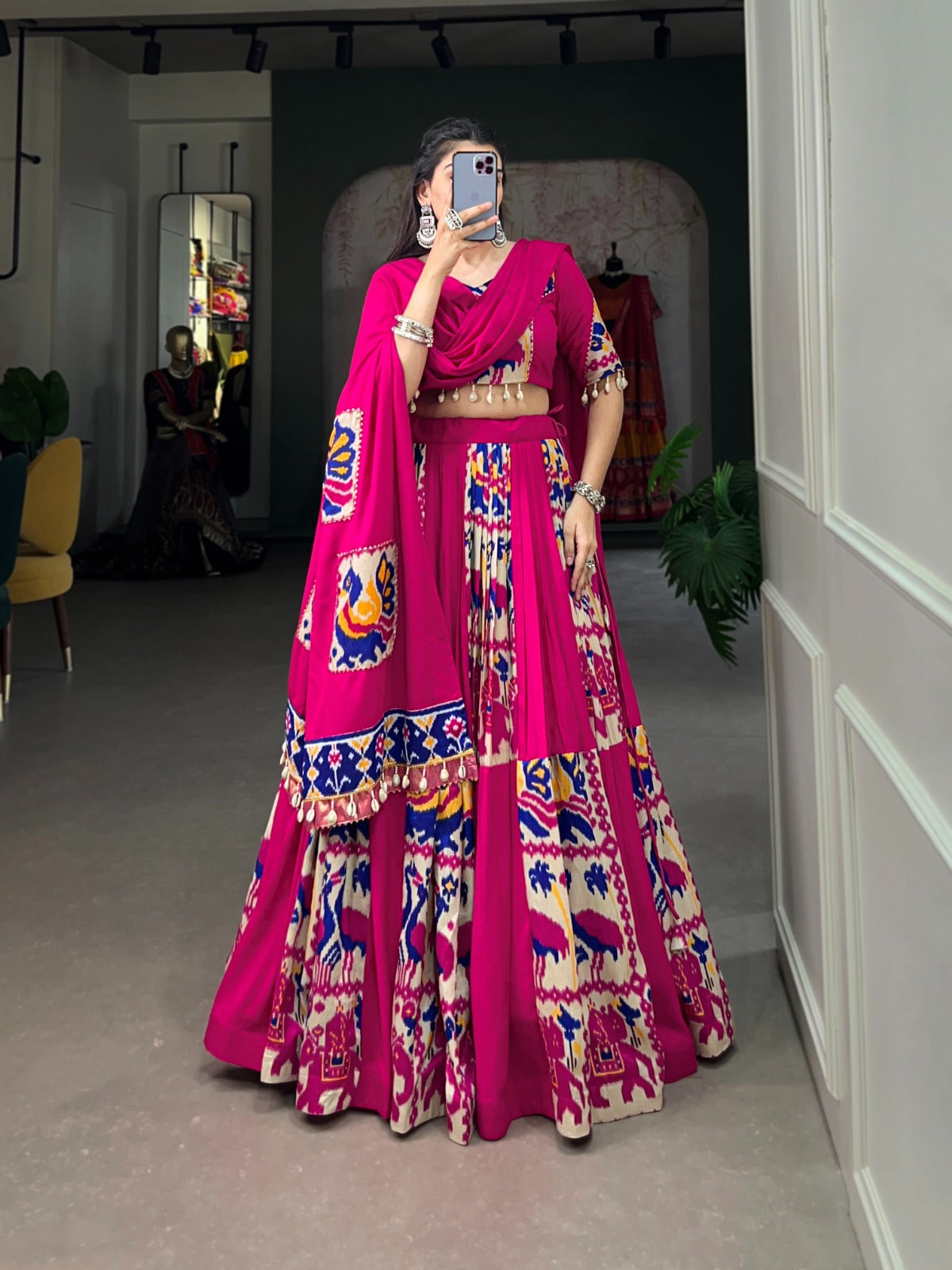Rani Pink Rayon and Printed Silk Navratri Lehenga Choli with Gota Patti and Cowrie Shell lace by The Beauty Queen