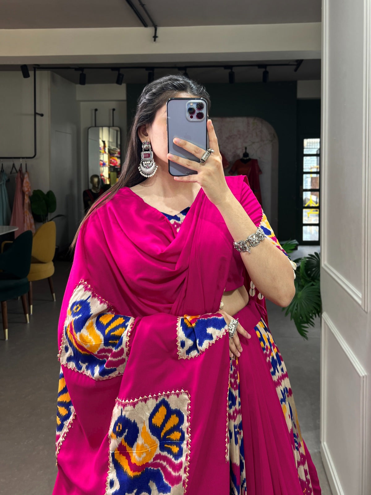 Rani Pink Rayon & Printed Silk Navratri Lehenga Choli with Gota Patti & Cowrie Shell Lace
