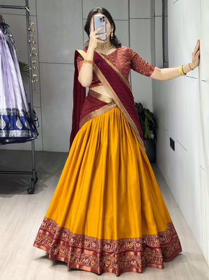 8. Image Alt Text
Mustard Yellow Mul Mul Cotton traditional half saree langa voni featuring a rich maroon printed and zari weaving border paired with a micro-printed blouse by The Beauty Queen
