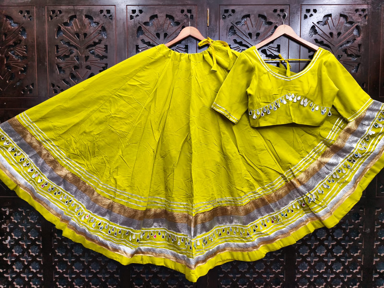 Vibrant Chartreuse Lime Green Pure Cotton Navratri Special Kalidar Flared Lehenga Choli Set with Dual-Tone Gold & Silver Lappa Borders, Original Teardrop Real Mirror Lace Work & Back Tie-Up Choli