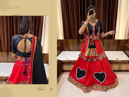 RED COLOR COTTON SILK GAMTHI WORK BUTTA LACE WORK FULLY STITCHED NAVRATRI LEHENGA CHOLI