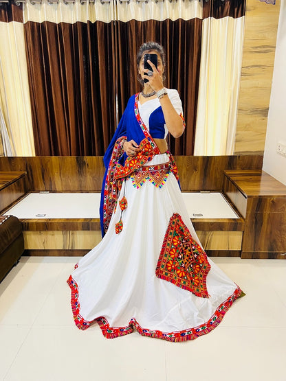 WHITE BLUE COLOR COTTON SILK GAMTHI WORK BUTTA LACE WORK FULLY STITCHED NAVRATRI LEHENGA CHOLI