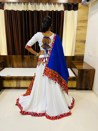 WHITE BLUE COLOR COTTON SILK GAMTHI WORK BUTTA LACE WORK FULLY STITCHED NAVRATRI LEHENGA CHOLI