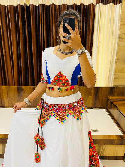 WHITE BLUE COLOR COTTON SILK GAMTHI WORK BUTTA LACE WORK FULLY STITCHED NAVRATRI LEHENGA CHOLI