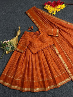Tonal rust half saree with zari checks weaving
