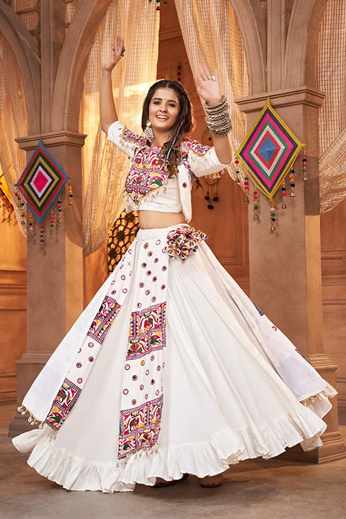 White Beautiful Embroidered Designer Koti Style Chaniya Choli For Navratri