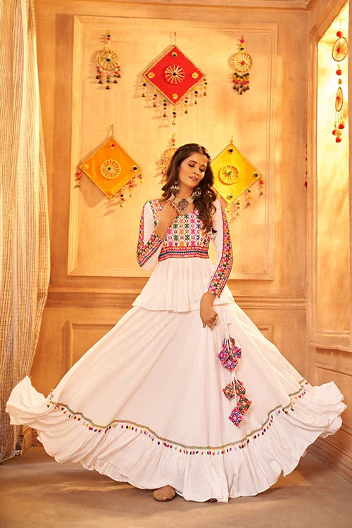 White Color Embroidered Work Designer Choli With Ghagra For Navratri Lehenga