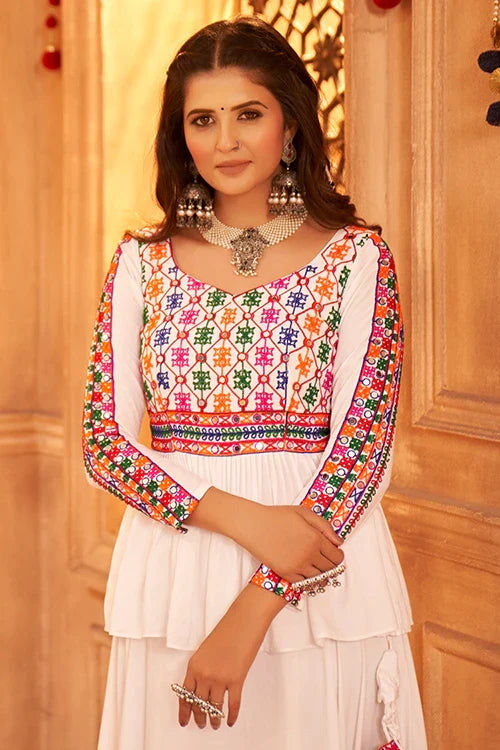 White Color Embroidered Work Designer Choli With Ghagra For Navratri Lehenga